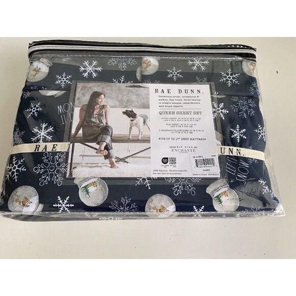 Rae Dunn SnowGlobes Snowflakes Christmas Holiday Soft Queen Sheet Set 4 Piece - Picture 9 of 13